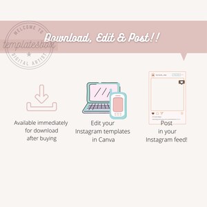 May include: A graphic illustration showing three steps to create and post an Instagram template. The first step is to download the template. The second step is to edit the template in Canva. The third step is to post the template to your Instagram feed. The text "Download, Edit & Post!" is at the top of the image.