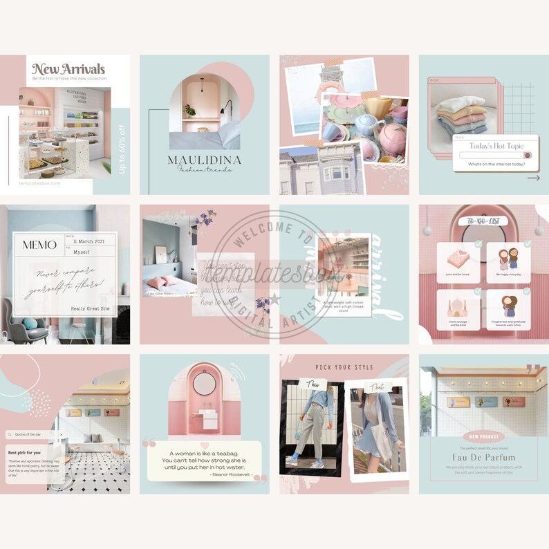 May include: A collage of nine Instagram-style images featuring a variety of themes, including fashion, home decor, and lifestyle. The images are in a pastel color palette and feature a mix of text and imagery.