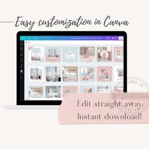 May include: A laptop screen displaying a Canva design template with 40 editable Instagram templates for Canva posts and stories. The templates are in a pink and blue color scheme and feature various designs, including text, images, and graphics. The text on the screen reads "40 Editable Instagram Templates for Canva Posts and Stories".