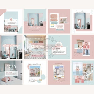 May include: A collection of nine Instagram story templates featuring pastel pink and blue color schemes. The templates include text overlays such as "Have Courage Be Kind", "She's Like Gin", "Welcome to Templatesbox", "Summertime", "07:30", "Have a coffee in the morning", "Self Moment", and "Sunday Morning".
