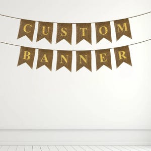 Brillo dorado. Banderines personalizados hechos a mano. Decoraciones para fiestas personalizadas.