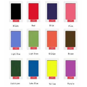May include: Twelve ink pads in a white frame, each showing a different color: black, red, blue, pink, light blue, light green, orange, brown, dark green, lake blue, yellow, and purple.