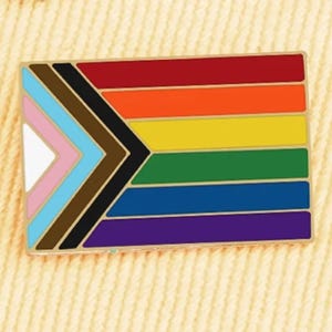 Puede incluir: Un pin de bandera del orgullo arcoíris con un chevron negro y marrón en el centro. El pin tiene un borde dorado y está hecho de metal.