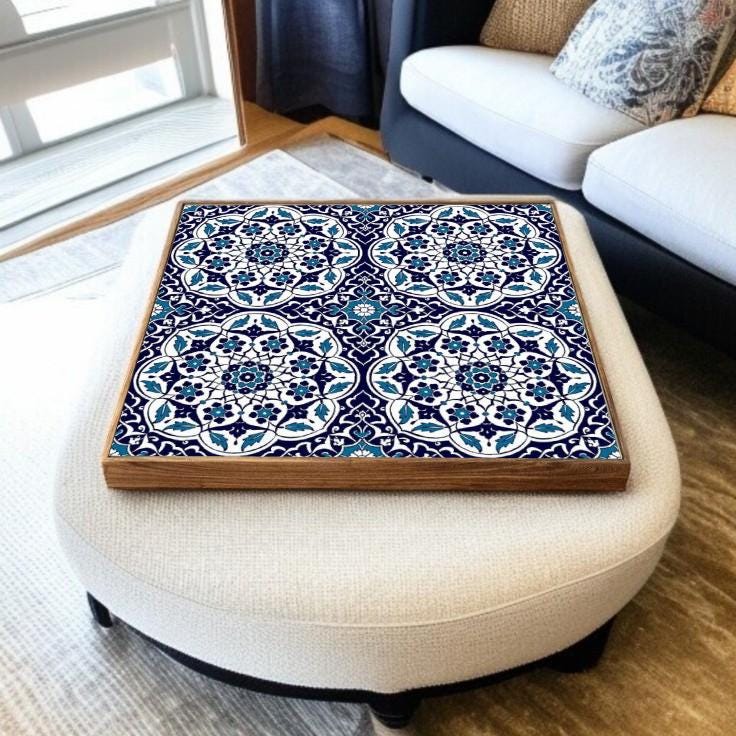 Handmade Wooden Tray – Iznik Mediterranean Blue & White Ceramic Tile – Coffee, Tea -Living Room Serving
