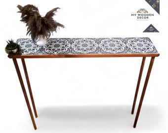 Tile Narrow Wooden Entrance Table Console Table Rustic Console Table Slim Entrance Table Tiled Table Ottoman Tile Table Housewarming Gift