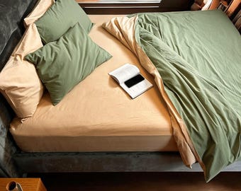 Washed Cotton Duvet Cover Set, Sage Green Beige, 6-Piece Bedding