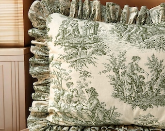 Toile de Jouy Ruffled Pillowcases - French Country Cottage Decor - Set of 2