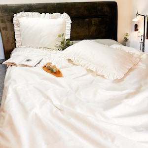 White Ruffled Cotton Duvet Cover Set: Shabby Chic Romantic Bedding 4 Pieces