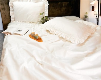 White Ruffled Cotton Duvet Cover Set: Shabby Chic Romantic Bedding 4 Pieces