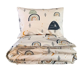 Baby duvet set, kids bedding set, unique design bedding , cotton fabric,   dreamy pattern, nordic, mountains, rainbow