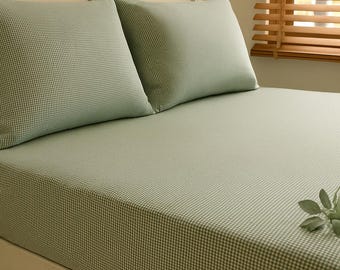 Handmade Gingham Fitted Sheet Set: 100% Cotton Rustic Bedding 3 Pieces