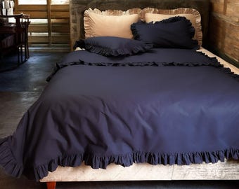 Ruffled 100% Cotton Duvet Cover Set: Beige & Navy Farmhouse Bedding 6 pieces
