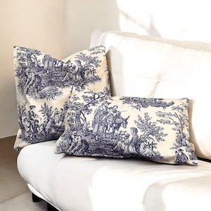 Toile de Jouy Cushion Covers - Set of 2 - French Vintage Style Cotton Canvas