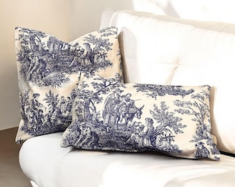 Toile de Jouy Cushion Covers - Set of 2 - French Vintage Style Cotton Canvas