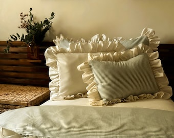 Ruffled Striped Duvet Cover Set: Yarn-Dyed Cotton Coquette Bedding 4 Pieces