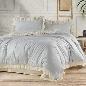 Ruffled Striped Duvet Cover Set: Yarn-Dyed Cotton Coquette Bedding 4 Pieces