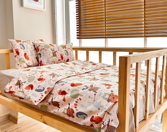 Cotton Toddler Duvet Cover Set: Musical Animal Print, 3-Piece Crib Bedding
