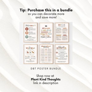 Pu&ograve; includere: Un set di sei poster stampabili sulla terapia comportamentale dialettica (DBT). I poster presentano una variet&agrave; di colori e illustrazioni, tra cui una citazione di Marsha Linehan, la creatrice della DBT. I poster sono intitolati "Cos'&egrave; la DBT?", "Competenze DBT", "Mente saggia", "Terapia dialettica", "Camminare sul sentiero di mezzo" e "Plant Kind Thoughts".