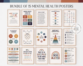 BUNDLE OF 15 Mental Health Posters: School Counselor Office Decor School Psychologist Decor Therapist Office Classroom Decor Social Worker
