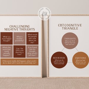 May include: A printable poster with brown and white text on a beige background. The poster is divided into two sections. The left section is titled "Challenging Negative Thoughts" and includes a grid of questions to help challenge negative thoughts. The right section is titled "CBT Cognitive Triangle" and shows a diagram of the cognitive behavioral therapy triangle, which includes thoughts, behaviors, and emotions.
