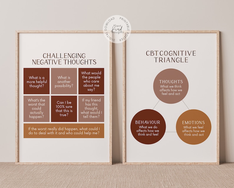 May include: A printable poster with brown and white text on a beige background. The poster is divided into two sections. The left section is titled "Challenging Negative Thoughts" and includes a grid of questions to help challenge negative thoughts. The right section is titled "CBT Cognitive Triangle" and shows a diagram of the cognitive behavioral therapy triangle, which includes thoughts, behaviors, and emotions.