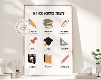 SCHOOL STRESS TIPS Mental Health Poster School Counselor Office Decor School Psychologist Decor Therapist Office Classroom Decor