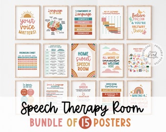 May include: A set of 15 printable posters for a speech therapy room. The posters feature colorful illustrations and text related to speech therapy, such as "Home Sweet Speech Room", "All Modes of Communication Are Welcome Here", and "Making a Difference One Word at a Time".