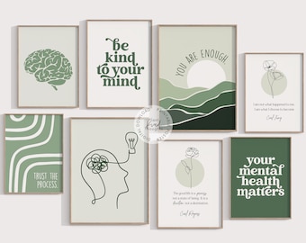 8 THERAPY OFFICE DECOR Bundle Sage Green Therapy Poster School Counselor Office Decor School Psychologist Therapist Office Social Worker