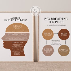 May include: Two printable posters with brown and beige backgrounds. The left poster features a diagram of the layers of unhelpful thinking, with the text "Automatic Thought", "Intermediate Beliefs", and "Core Beliefs". The right poster features a diagram of the box breathing technique, with the text "Inhale", "Hold", "Exhale", and "Repeat".
