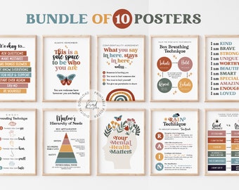 10 RAINBOW Counseling Posters Bundle School Counselor Office Decor School Psychologist Therapist Office Classroom Decor Social Worker Office