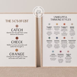 May include: Two printable posters with brown frames. The poster on the left is titled "The 3 C's of CBT" and outlines the steps to catch, check, and change negative thoughts. The poster on the right is titled "Unhelpful Thinking Styles" and lists common negative thinking patterns.