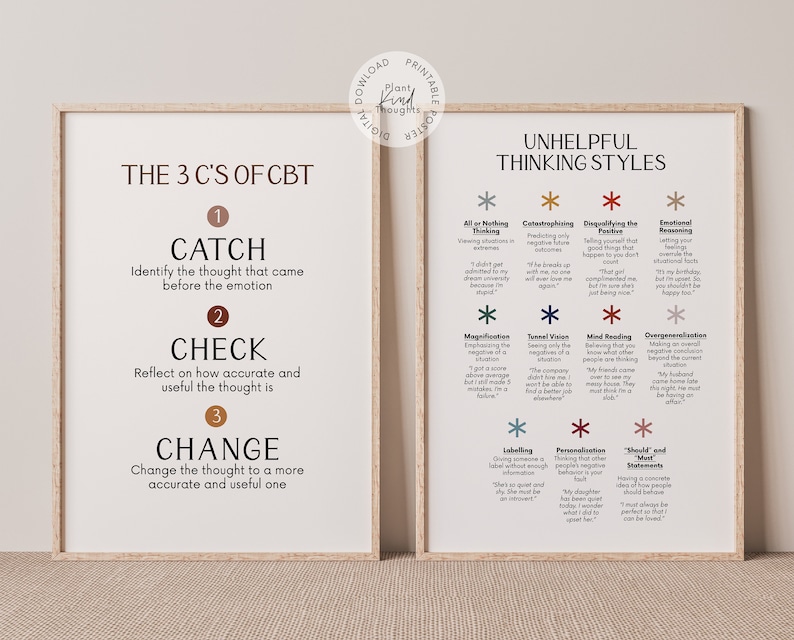 May include: Two printable posters with brown frames. The poster on the left is titled "The 3 C's of CBT" and outlines the steps to catch, check, and change negative thoughts. The poster on the right is titled "Unhelpful Thinking Styles" and lists common negative thinking patterns.