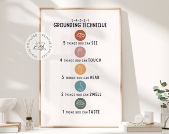 5-4-3-2-1 GROUNDING TECHNIQUE Mental Health Poster: School Counselor Office Decor School Psychologist Decor Therapist Office Classroom Decor