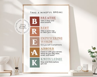 BREAK Mindfulness Exercise Counseling Office School Counselor Office Decor Classroom Decor School Psychologist Therapy Office Social Worker