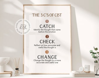 May include: A printable poster with a white background and brown text. The poster explains the 3 C's of CBT: Catch, Check, and Change. The poster is framed in a light wood frame and is sitting on a table with a white surface.