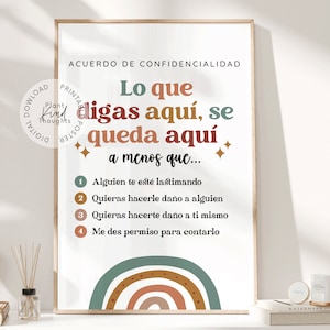 ACUERDO DE CONFIDENCIALIDAD EN ESPAÑOL Lo que dices aquí se queda aquí Cartel Consejero Escolar Oficina Decoración Psicólogo Escolar Oficina Terapeuta