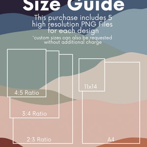 May include: A size guide for digital art prints, showing five different sizes: 4:5 ratio, 3:4 ratio, 2:3 ratio, 11x14 inches, and A4. The guide includes the text "Size Guide", "This purchase includes 5 high resolution PNG Files for each design", "*custom sizes can also be requested without additional charge", "Plant Kind Thoughts", and "All Rights Reserved".