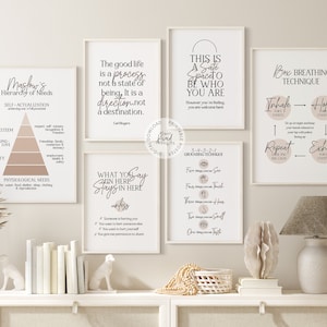 May include: Set of eight printable wall art posters with a beige background and black text. The posters feature motivational quotes and mental health tips, including Maslow's Hierarchy of Needs, grounding techniques, and box breathing exercises.