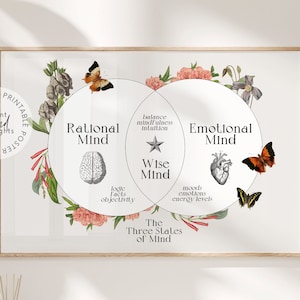Puede incluir: Un fondo blanco con un diagrama de Venn que muestra los tres estados mentales: racional, emocional y sabio. La mente racional está representada por un cerebro, la mente emocional por un corazón y la mente sabia por una estrella. El diagrama está rodeado de ilustraciones florales y mariposas.