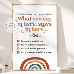 ACUERDO DE CONFIDENCIALIDAD Lo que dices aquí se queda aquí Póster Consejero Escolar Oficina Decoración Psicología Escolar Decoración Terapeuta Oficina Decoración