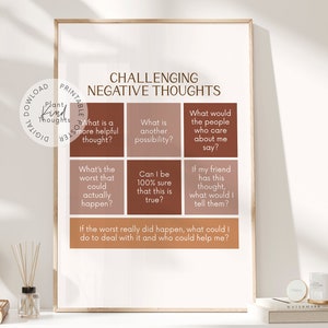 Puede incluir: Un póster imprimible con un esquema de color marrón y beige. El póster tiene el título "Challenging Negative Thoughts" y presenta una cuadrícula de preguntas para ayudar a desafiar los pensamientos negativos.