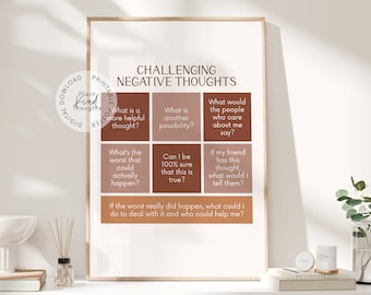 May include: A printable poster with a brown and beige color scheme. The poster has the title "Challenging Negative Thoughts" and features a grid of questions to help challenge negative thoughts.