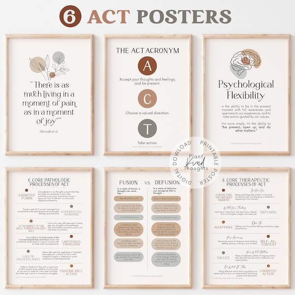 LOT DE 6 affiches ACT : Déco de bureau de thérapie d'acceptation et d'engagement Bureau de thérapeute neutre Déco de bureau de conseiller scolaire Santé mentale