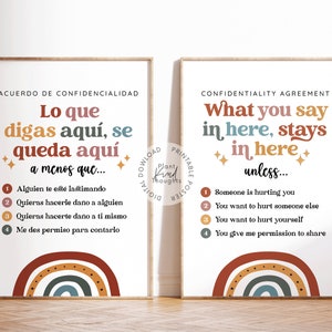 ESPAÑOL E INGLÉS Acuerdo de confidencialidad Lo que dices aquí se queda aquí Póster Consejero Escolar Psicólogo Escolar Oficina del Terapeuta