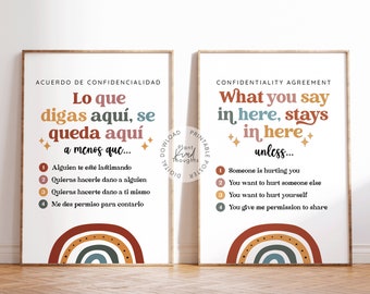 SPANISH AND ENGLISH Confidentiality Agreement What You Say Here Stays In Here Poster School Counselor School Psychologist Therapist Office