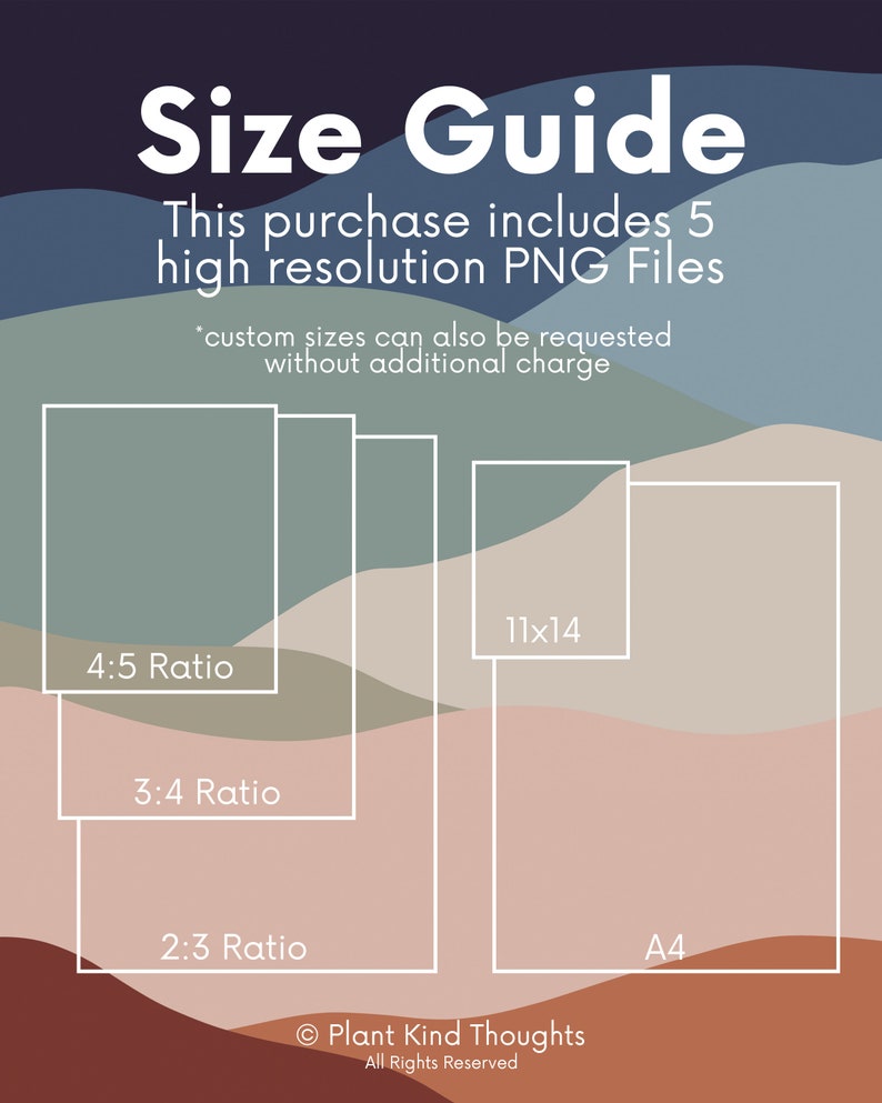 May include: A size guide graphic with a layered abstract background in shades of blue, green, and brown. The text "Size Guide" is at the top, with details about high-resolution PNG files and custom sizes. White rectangles indicate different aspect ratios and sizes, including 11x14.