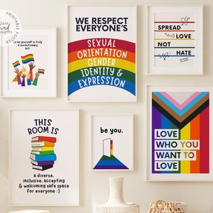 LGBT PRIDE Month CLASSROOM Posters Bundle of 6: Inclusive Safe Space Classroom Decor School Counselor Office Decor Home School Printable