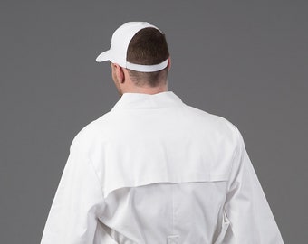 Unisex avant-garde cap in white / Minimalist baseball hat with cut out back / Futuristic trucker hat in white
