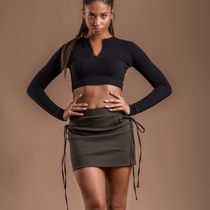 Black Crop Top: Long Sleeve Kaftan V-Neck Shirt