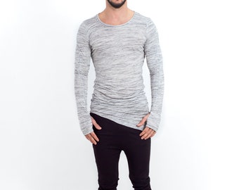 Curved longline top with thumb holes / Scoop neck top / Men's draped long t-shirt / Asymmetric tee in gray / Melange gray futuristic top